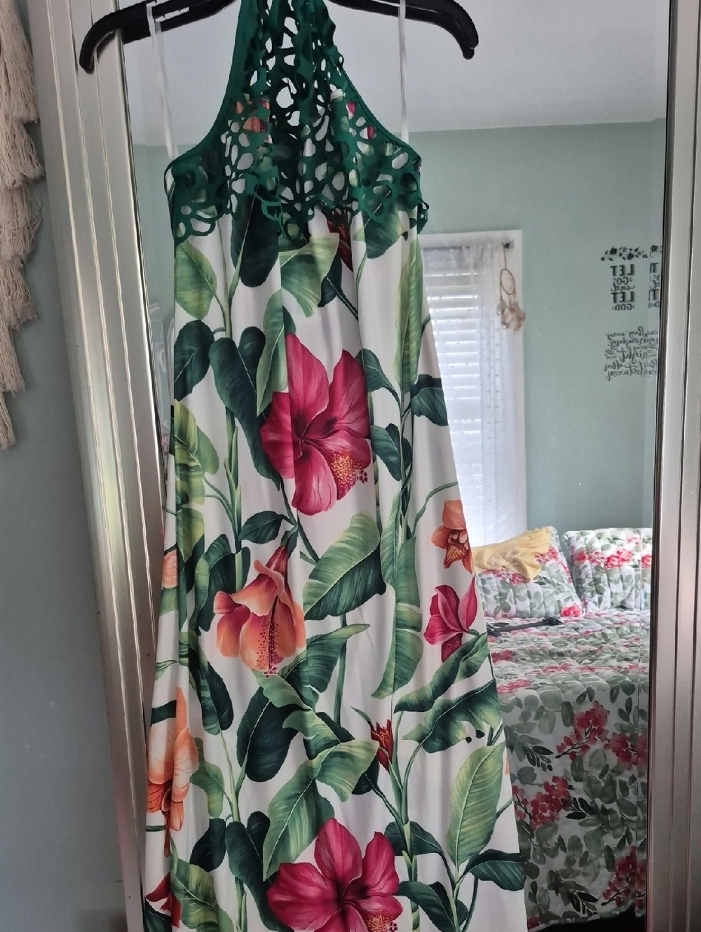 VENUS White Maxi Dress with Green Lattice Top and Pink & Orange Floral Print